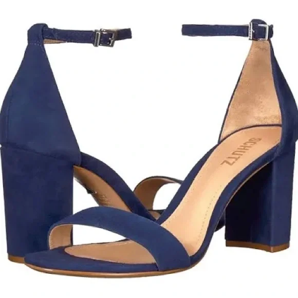Schutz Navy Blue Suede Block Heels - Picture 1 of 4